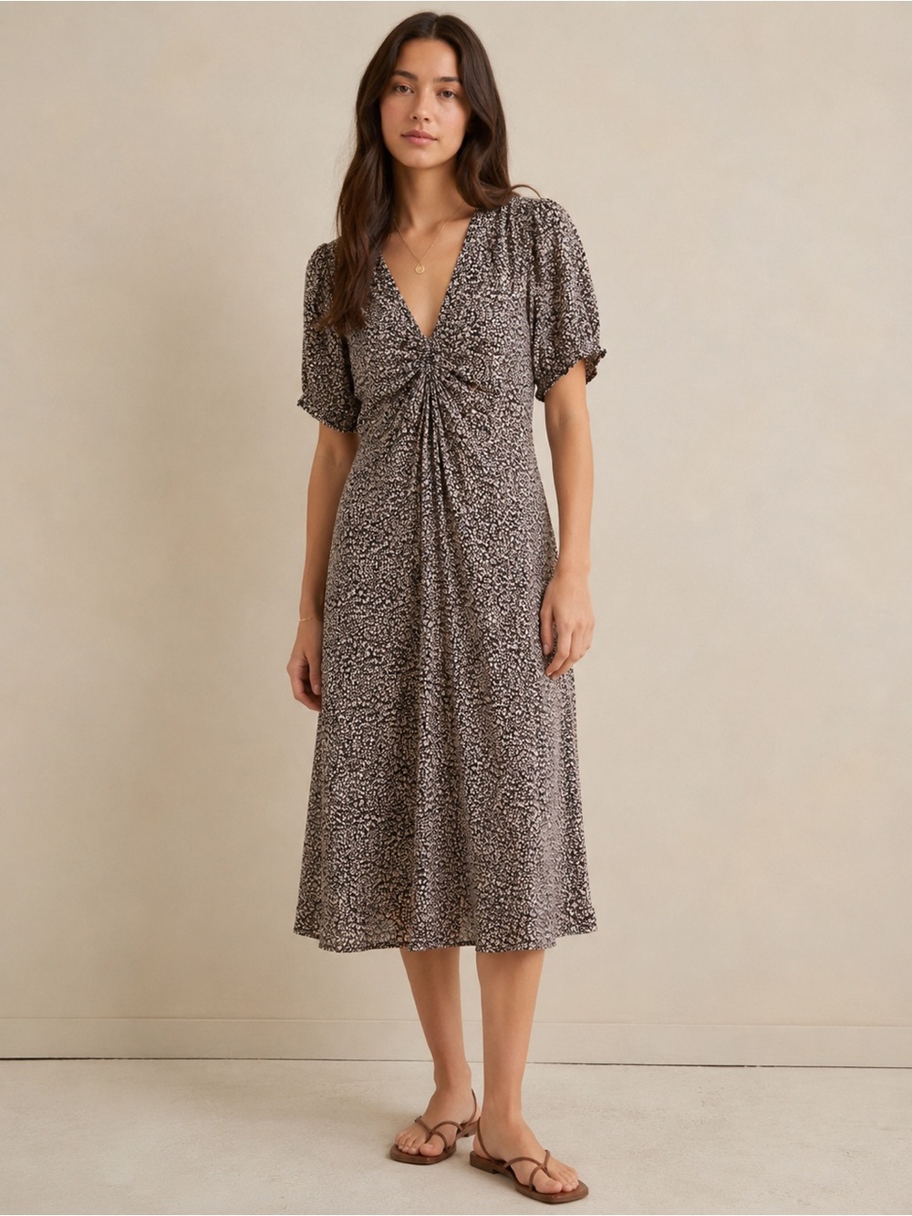 Frank and Oak V-Neck Midi Dress with Twist Front in Taupe Speckle Cottage Core
